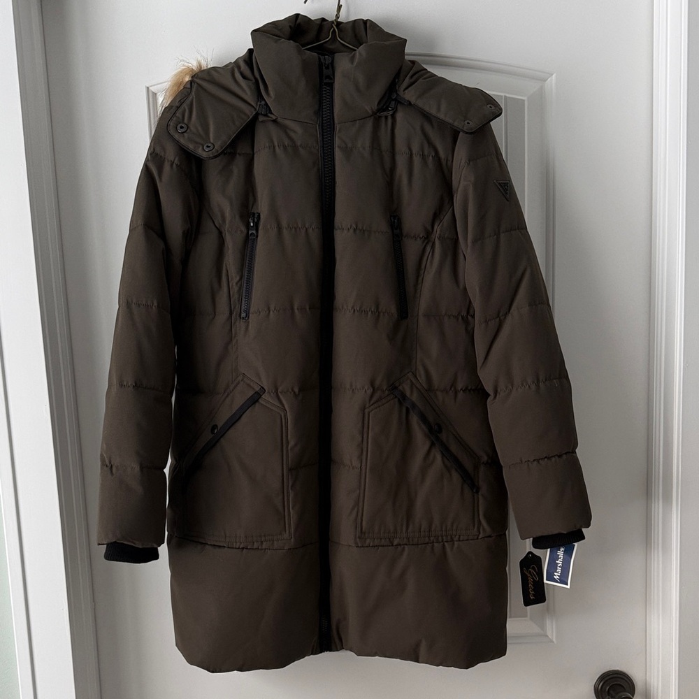 Guess Brown winter coat with fur trim hood